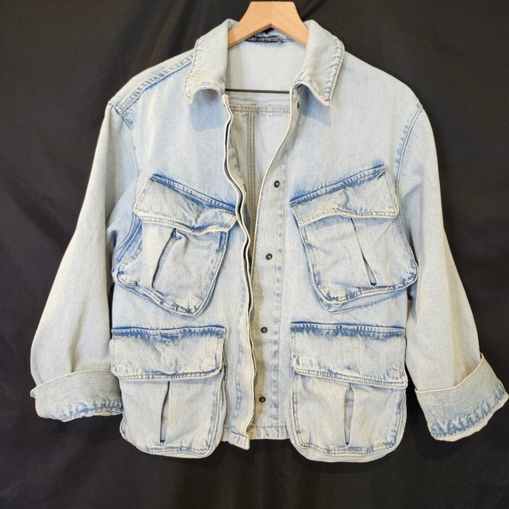 Zara Womens Denim Utility Jacket XS Light Blue Acid Wash Cargo Streetwear Grunge